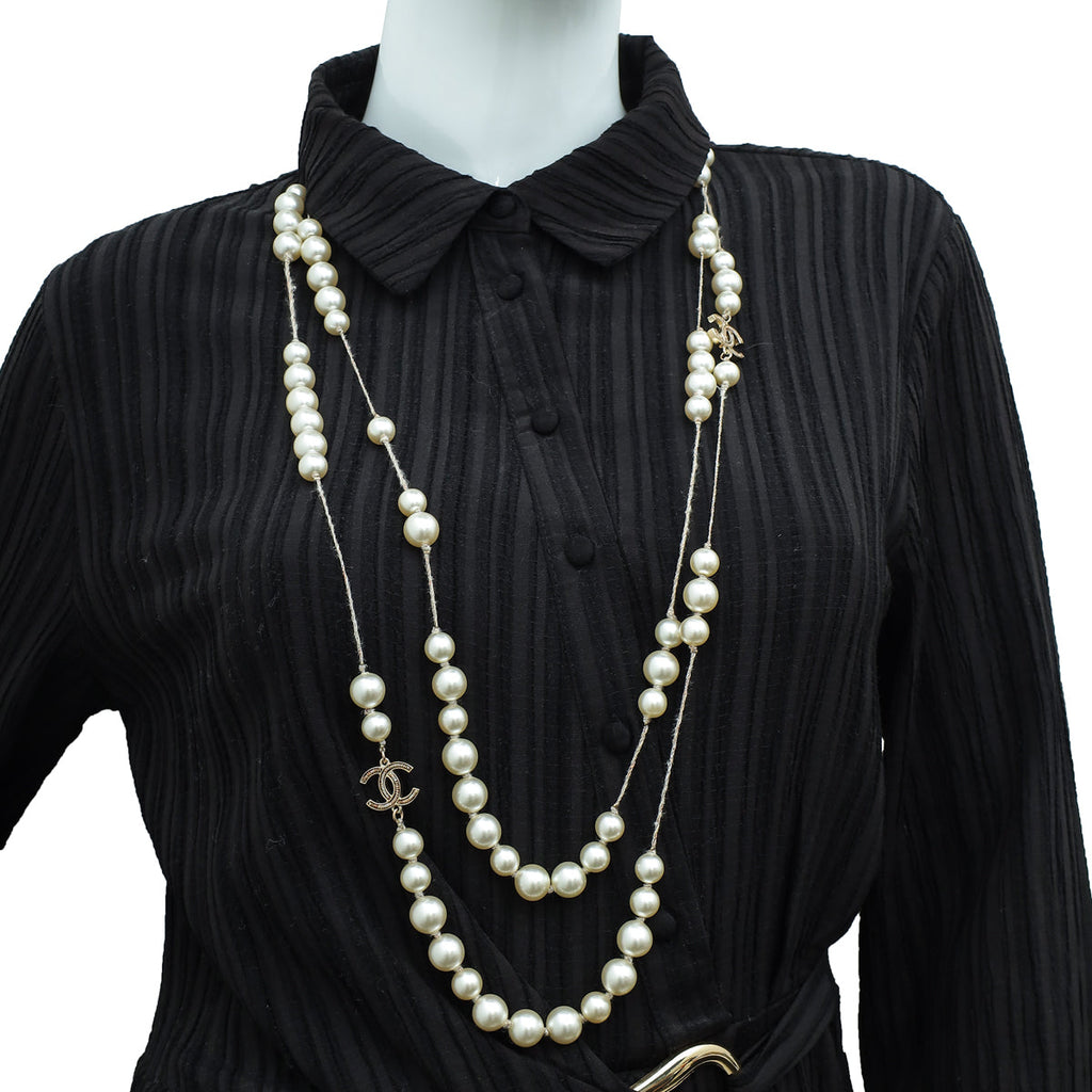 Chanel Ivory CC Pearl Cord Double Chain Necklace
