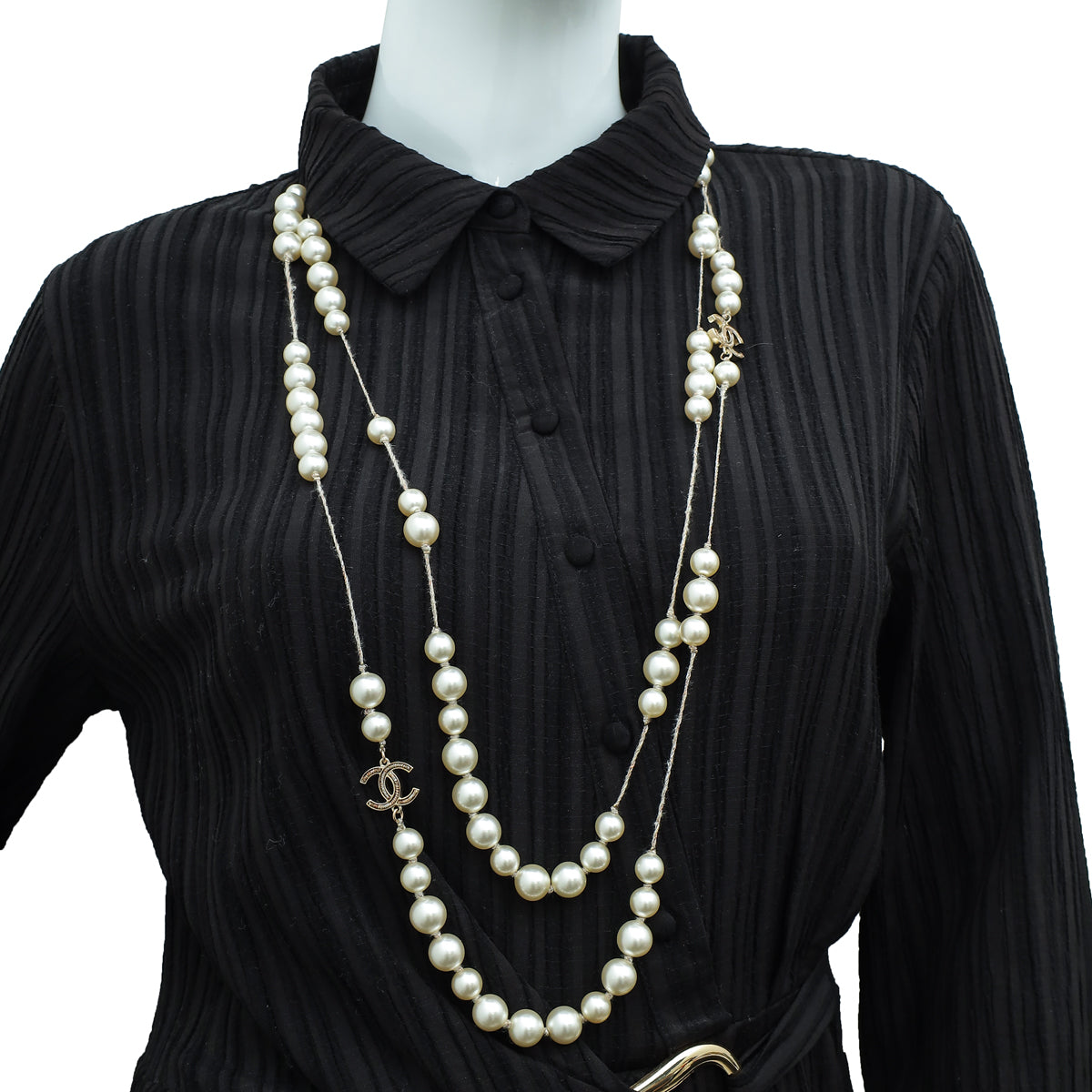 Chanel Ivory CC Pearl Cord Double Chain Necklace