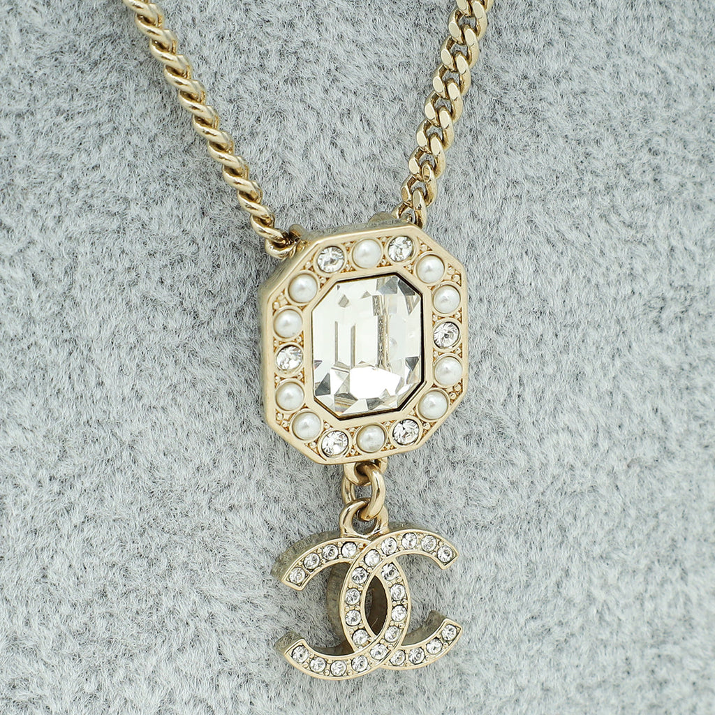 Chanel Gold Tone CC Pearl Crystal Pendant Necklace