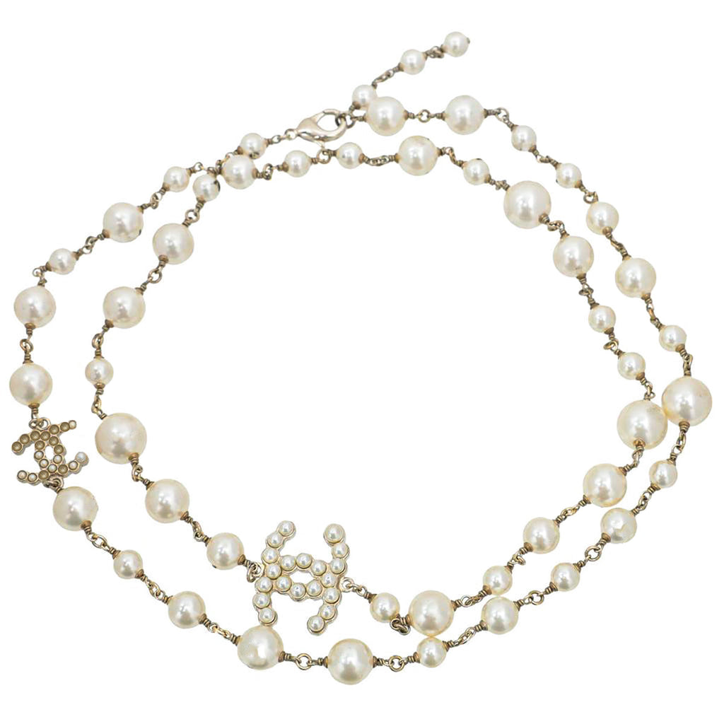 Chanel White CC Pearl Long Necklace