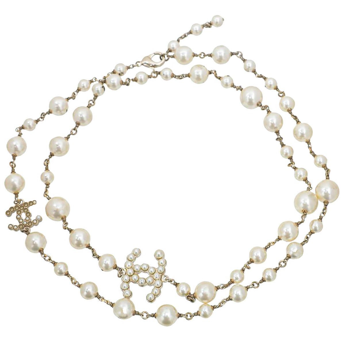 Chanel White CC Pearl Long Necklace