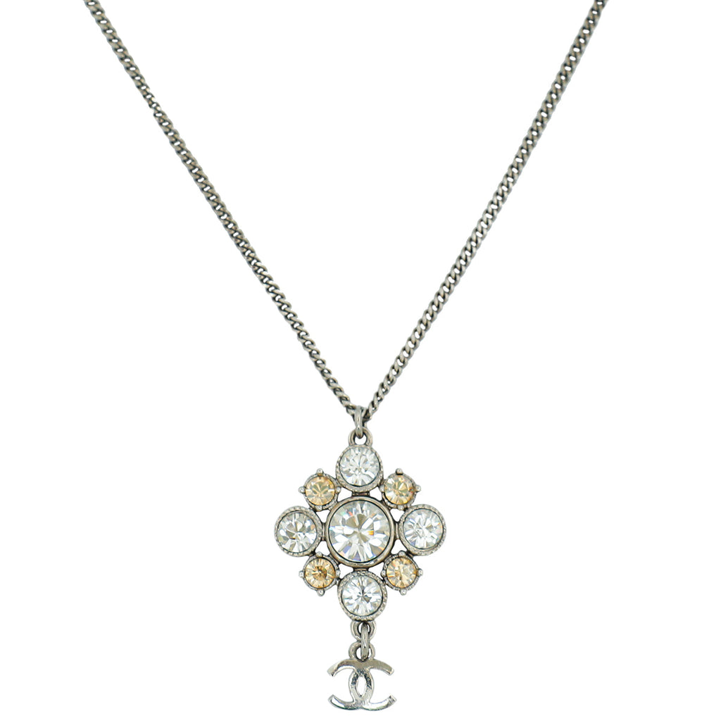 Chanel Silver CC Cluster Crystal Pendant Necklace