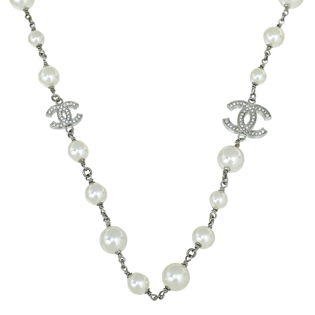 Chanel Silver CC Crystal Pearl Necklace