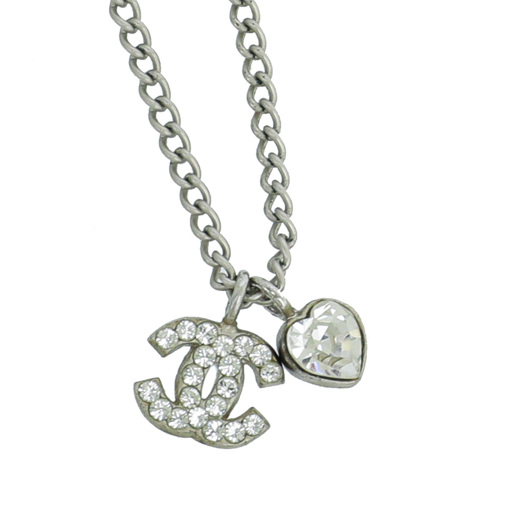 Chanel Silver CC Crystal And Heart Chain Necklace