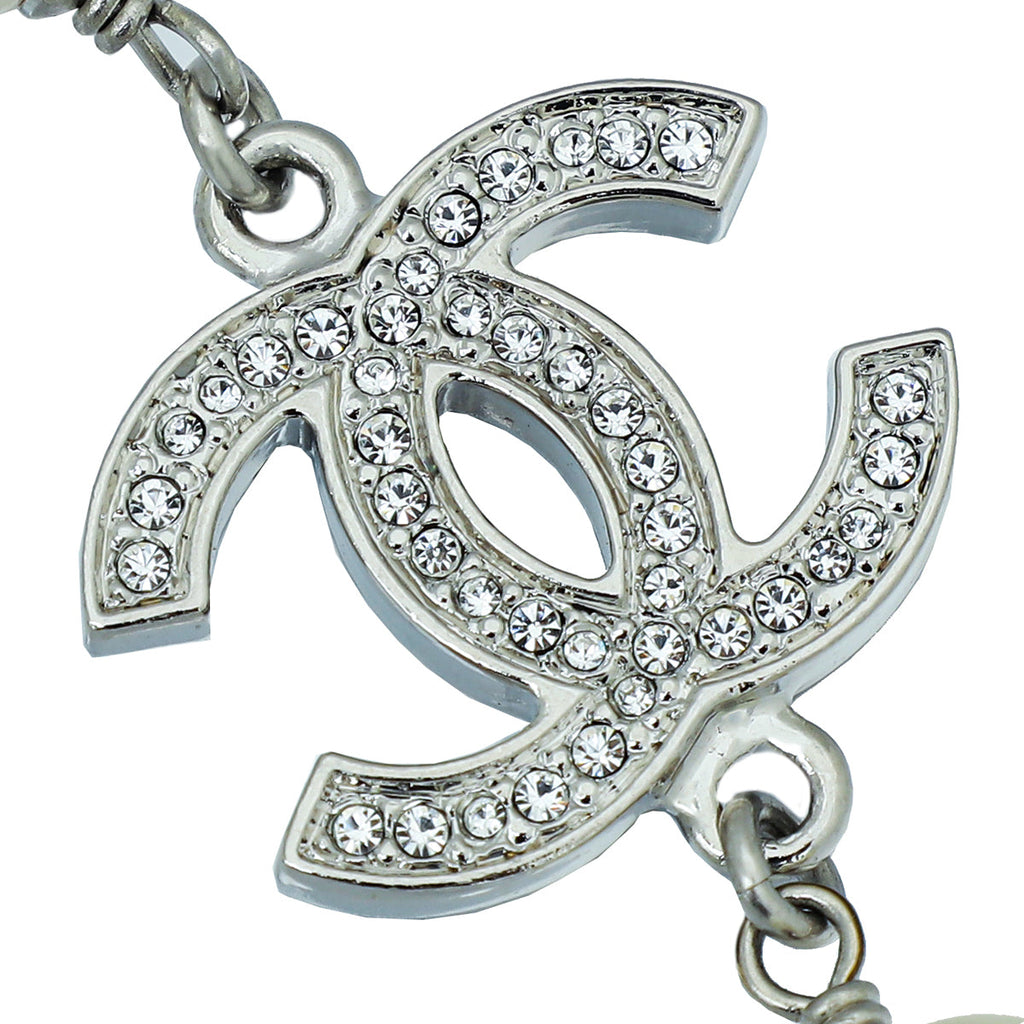 Chanel White CC Crystal Pearl Long Necklace