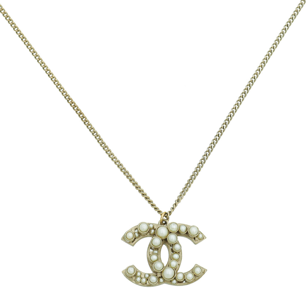 Chanel Gold Tone CC Pearl Pendant Necklace