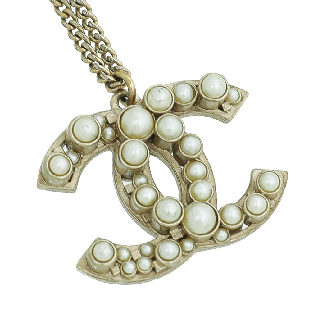 Chanel Gold Tone CC Pearl Pendant Necklace