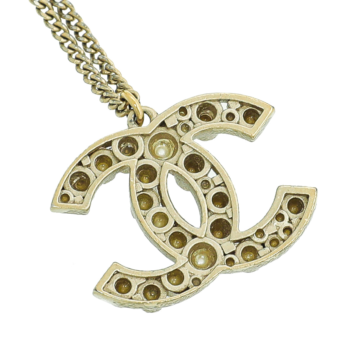 Chanel Gold Tone CC Pearl Pendant Necklace