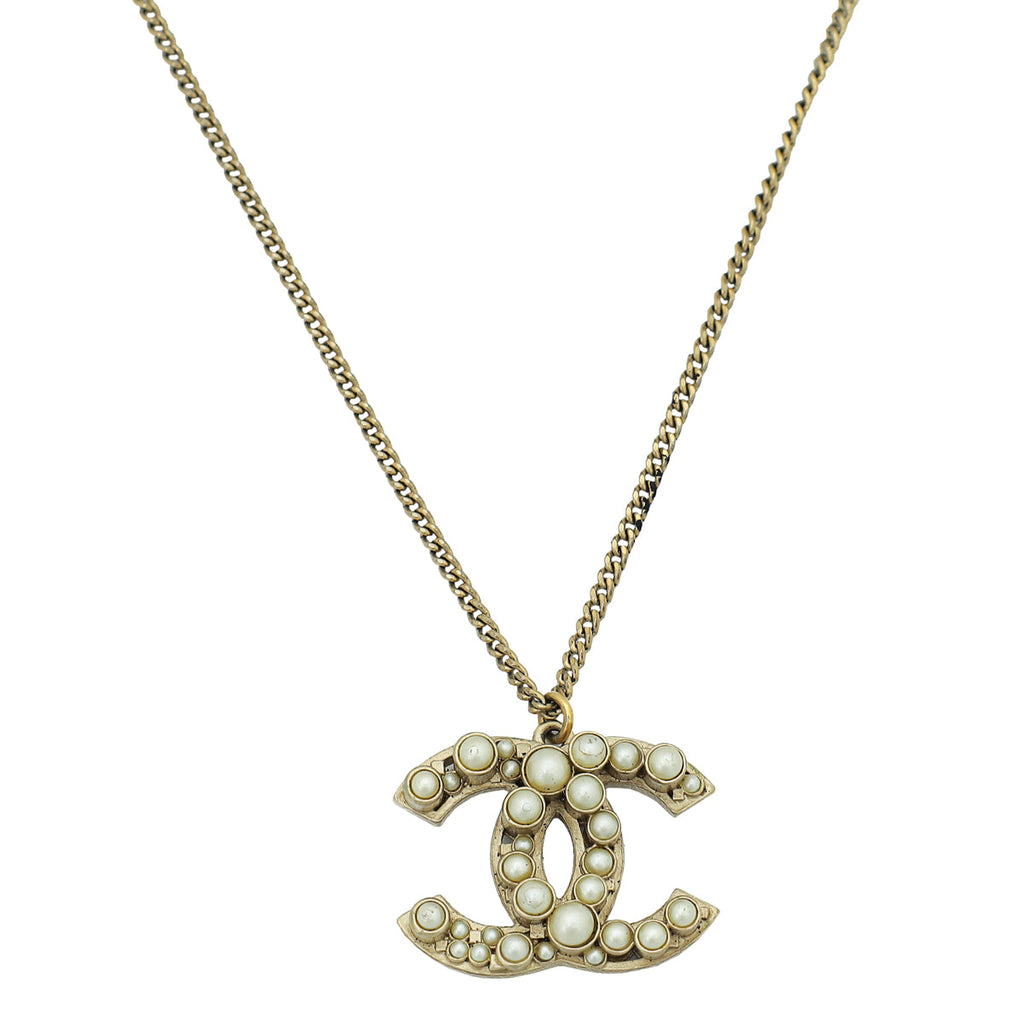 Chanel Light Gold Tone CC Pearl Pendant Necklace