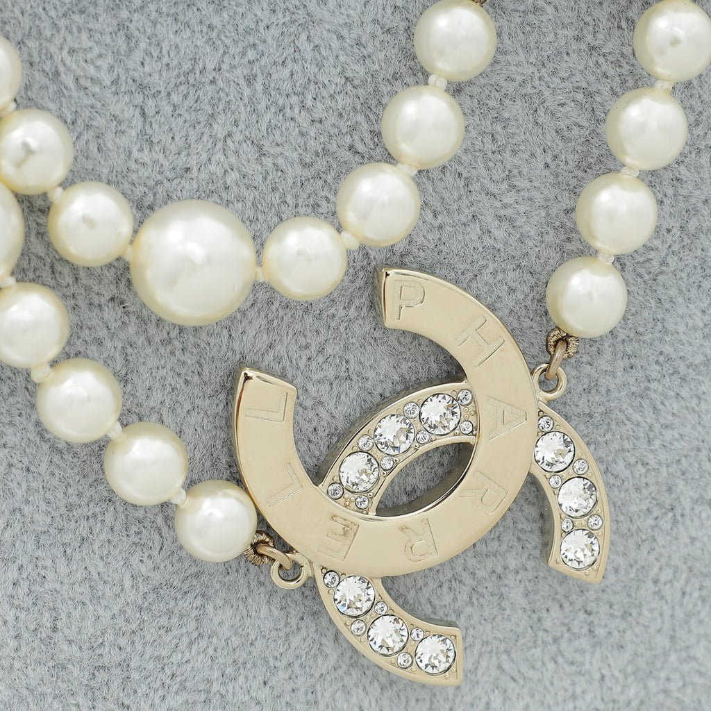 Chanel Gold CC Pharrell Williams Crystal Logo Pearl Necklace