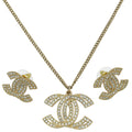 Chanel Gold Tone CC Crystal Earrings and Necklace Set