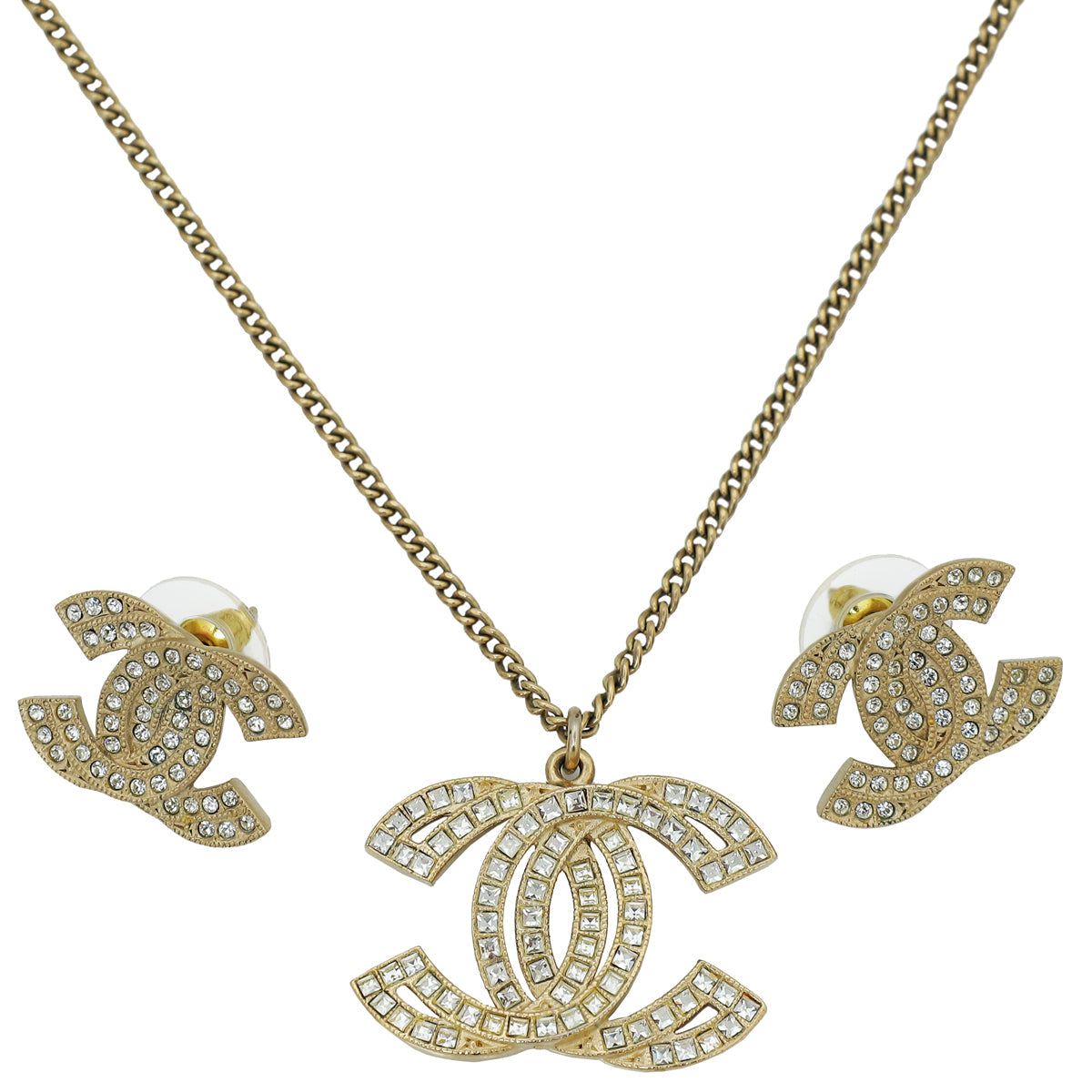 Chanel Gold Tone CC Crystal Earrings and Necklace Set
