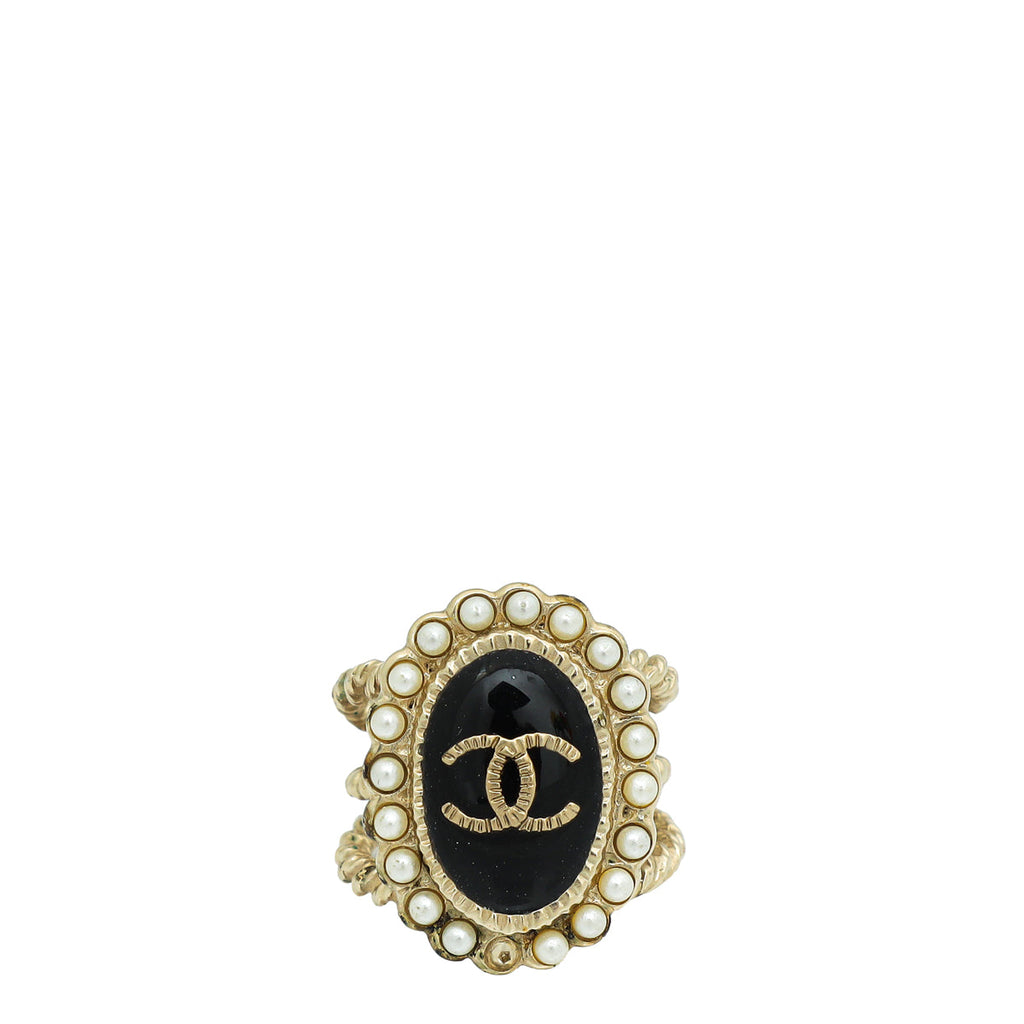 Chanel Black CC Enamel Pearl Ring 50