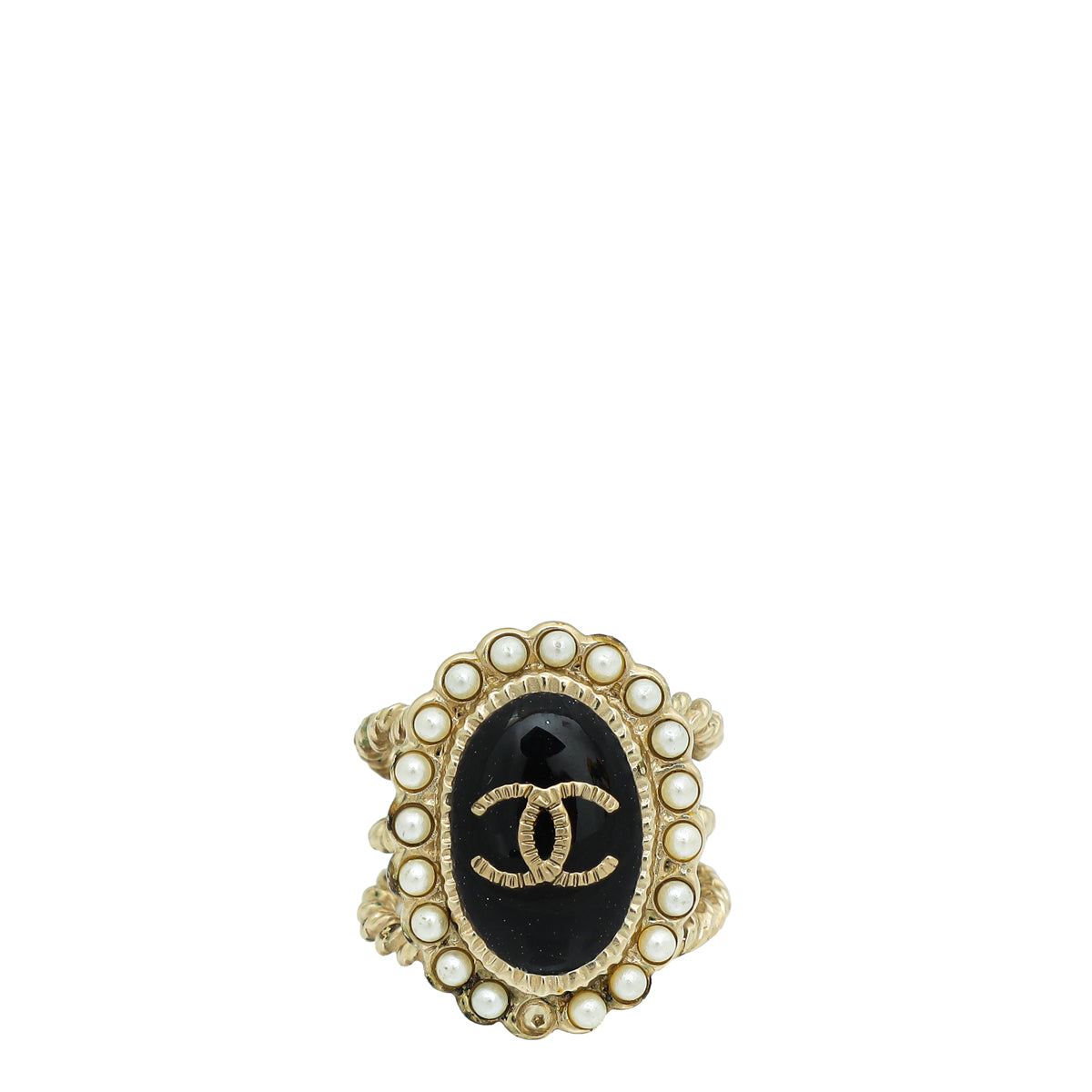 Chanel Black CC Enamel Pearl Ring 50