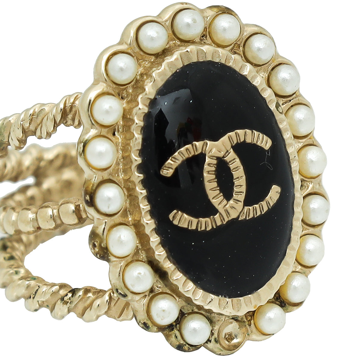 Chanel Black CC Enamel Pearl Ring 50