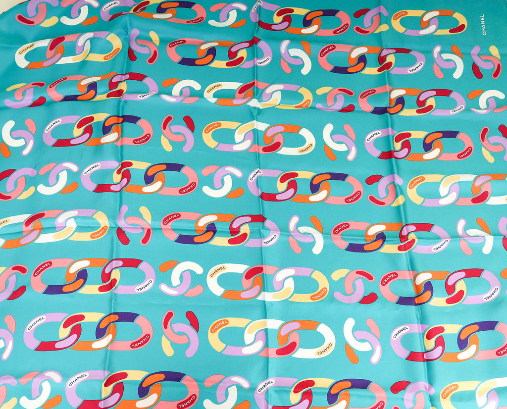 Chanel Teal Multicolor 1980 Coco Mark Silk Scarf