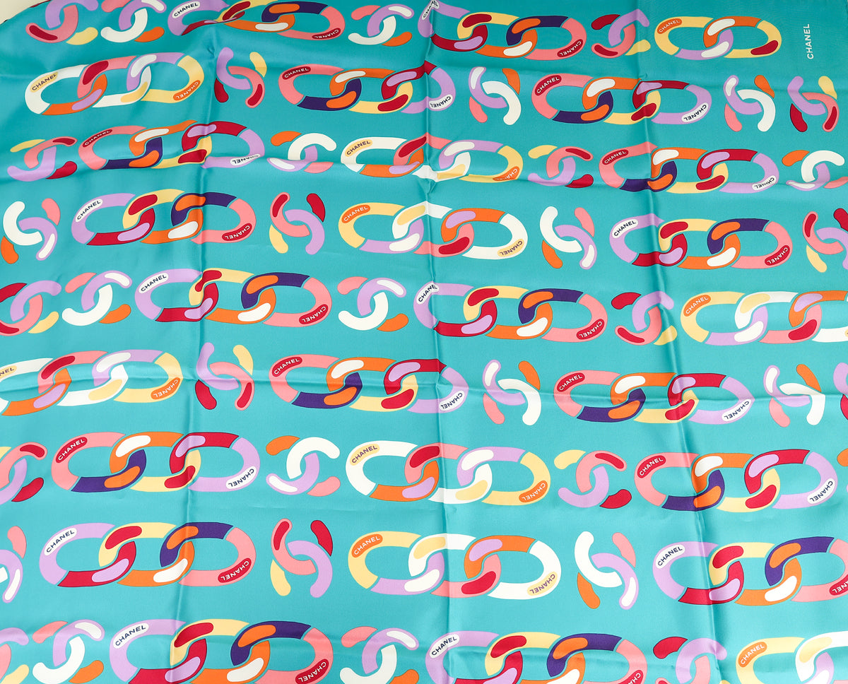 Chanel Teal Multicolor 1980 Coco Mark Silk Scarf