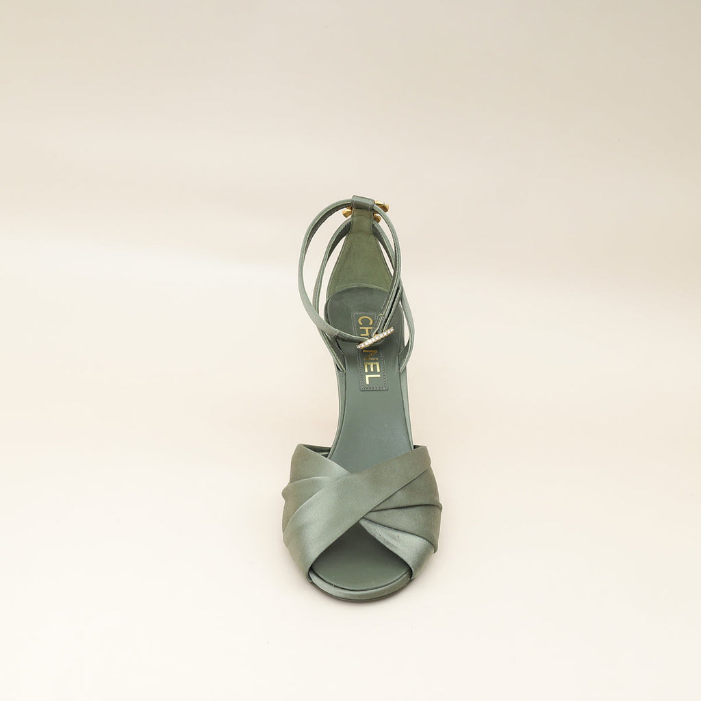 Chanel Olive CC Crystal Satin Sandal 38.5