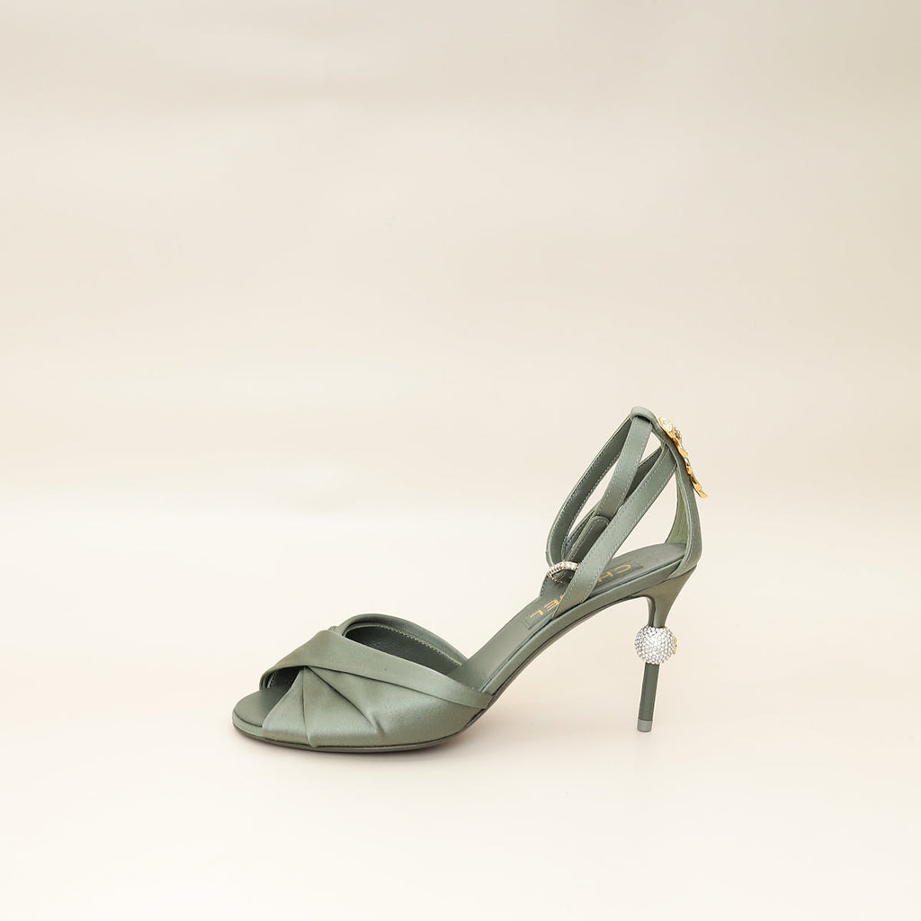 Chanel Olive CC Crystal Satin Sandal 38.5