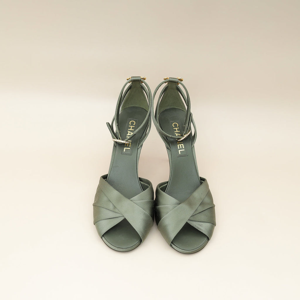 Chanel Olive CC Crystal Satin Sandal 38.5