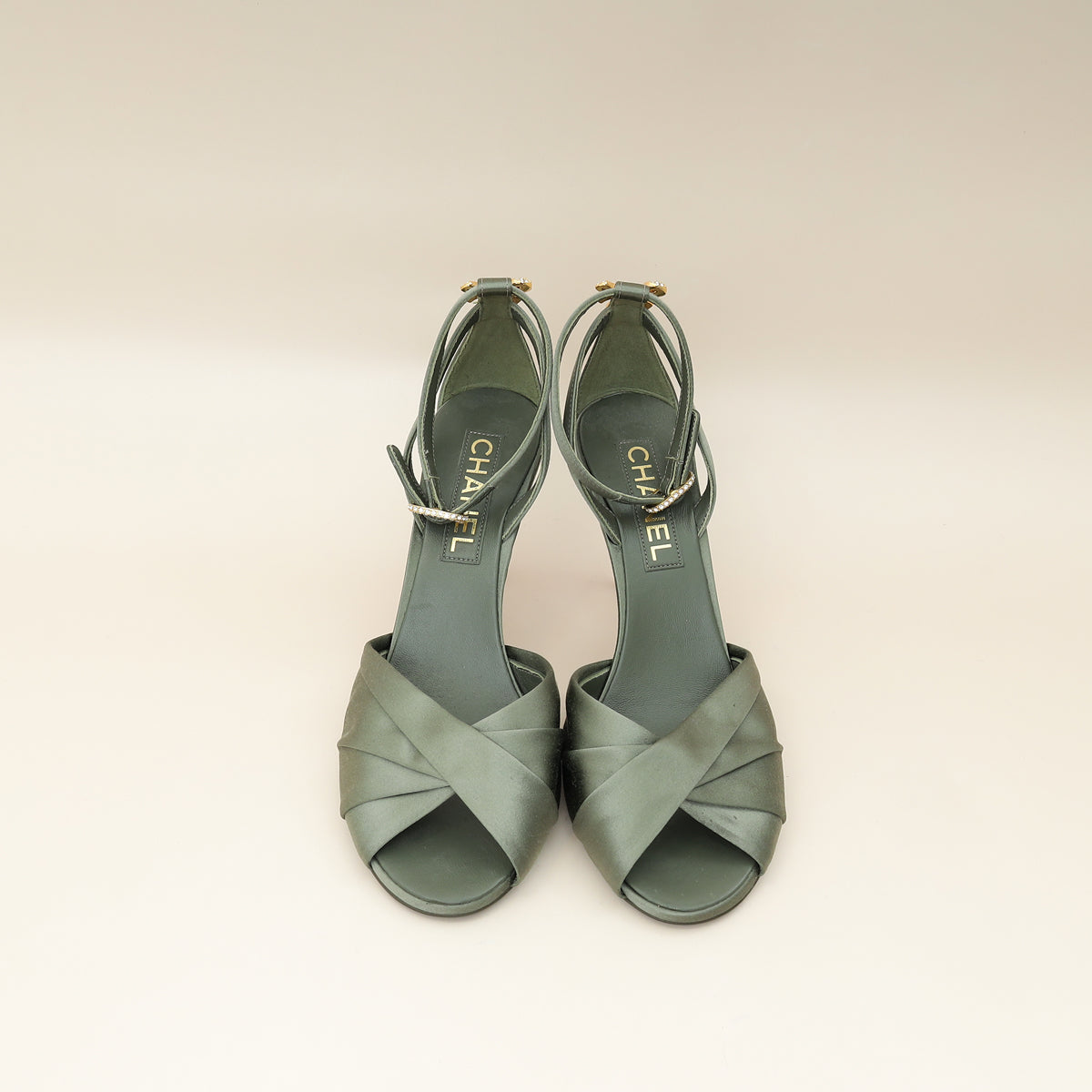 Chanel Olive CC Crystal Satin Sandal 38.5