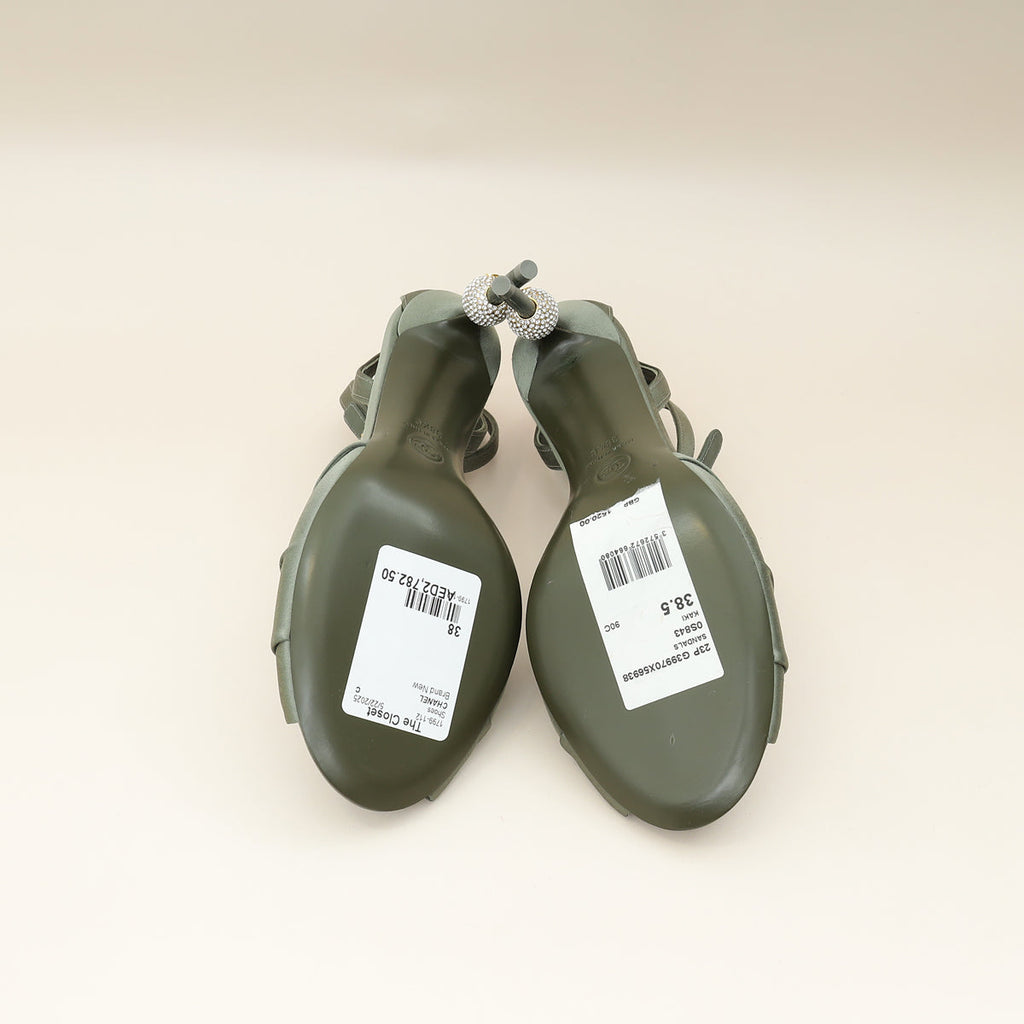 Chanel Olive CC Crystal Satin Sandal 38.5