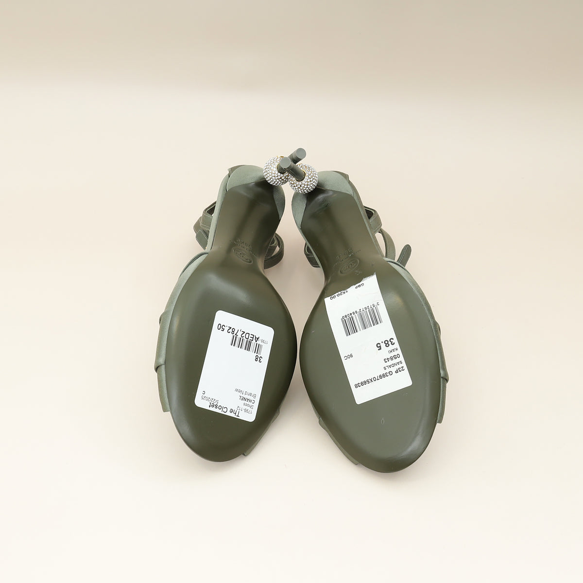 Chanel Olive CC Crystal Satin Sandal 38.5
