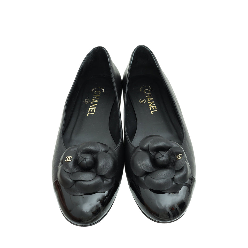 Chanel Black CC Camellia Flower Flat Ballerina 39