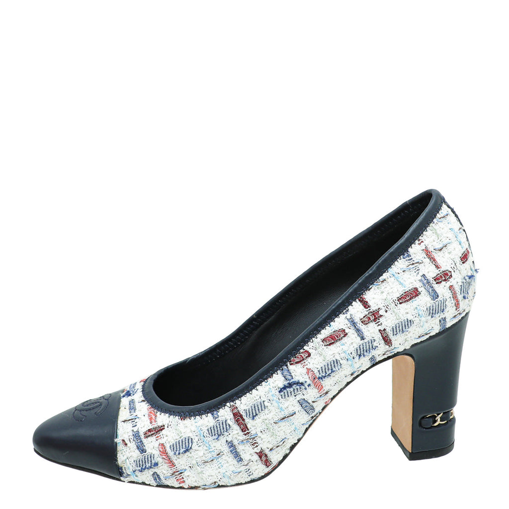 Chanel Navy White CC Cap Toe Tweed Pump 38