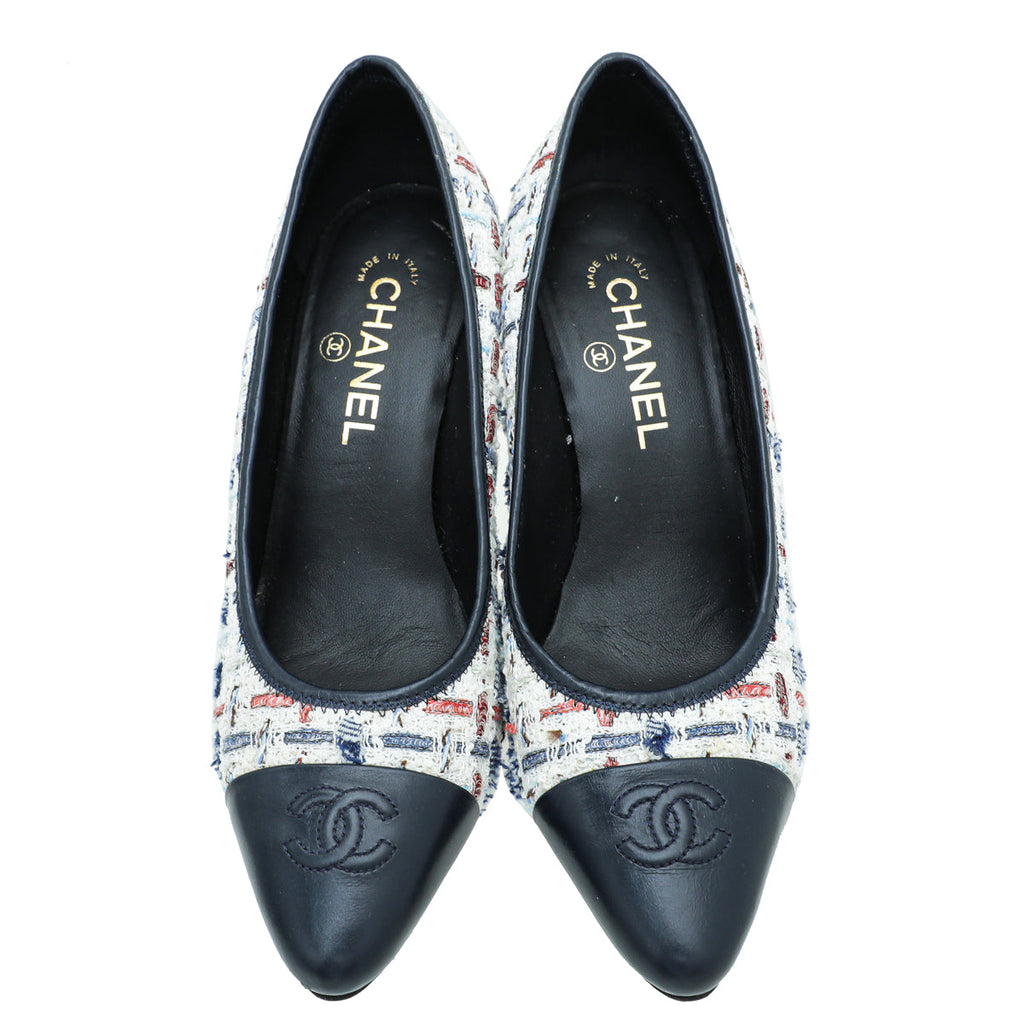 Chanel Navy White CC Cap Toe Tweed Pump 38