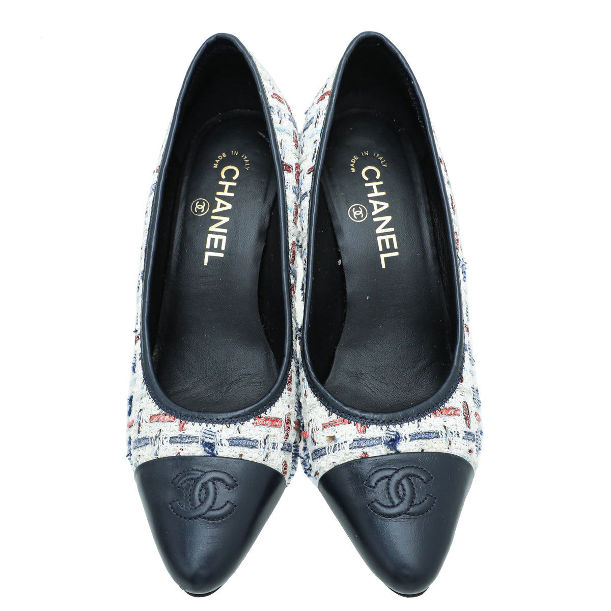 Chanel Navy White CC Cap Toe Tweed Pump 38