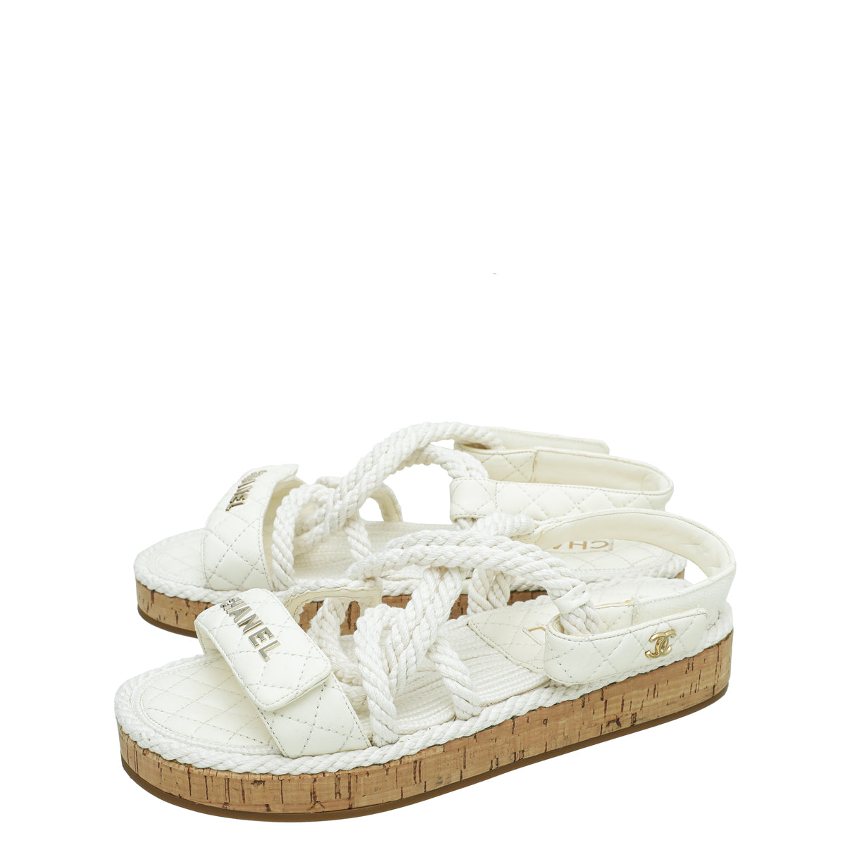 Chanel White Logo Cord Quilted Slide Sandal 39