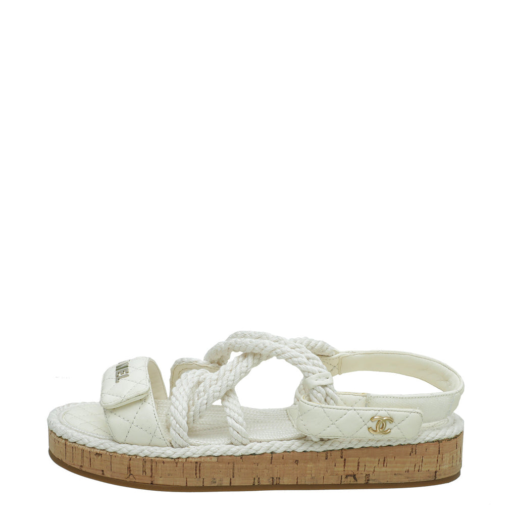 Chanel White Logo Cord Quilted Slide Sandal 39