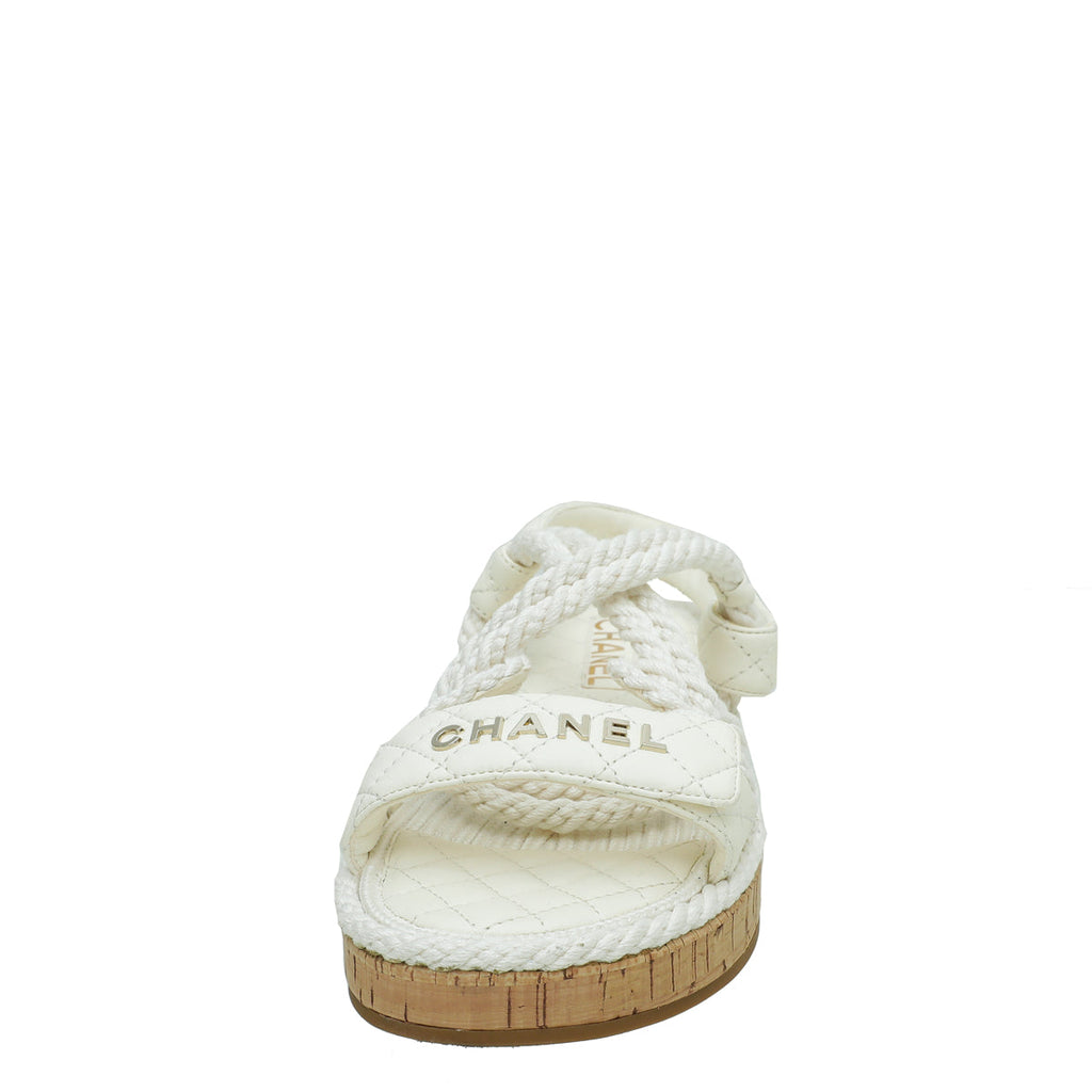 Chanel White Logo Cord Quilted Slide Sandal 39
