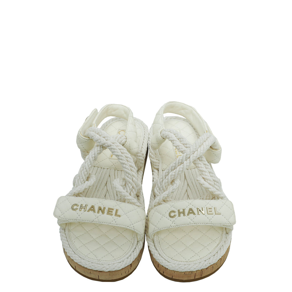 Chanel White Logo Cord Quilted Slide Sandal 39