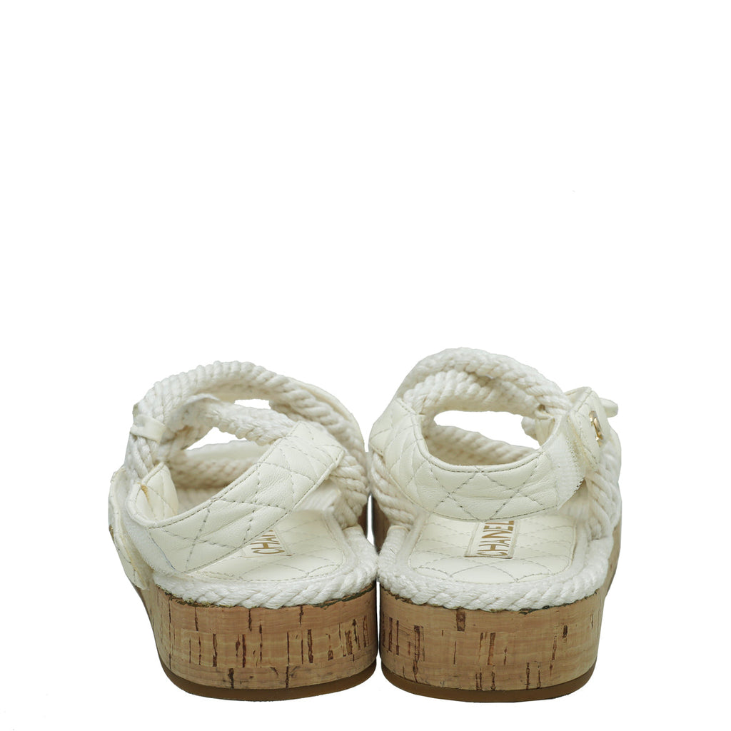 Chanel White Logo Cord Quilted Slide Sandal 39