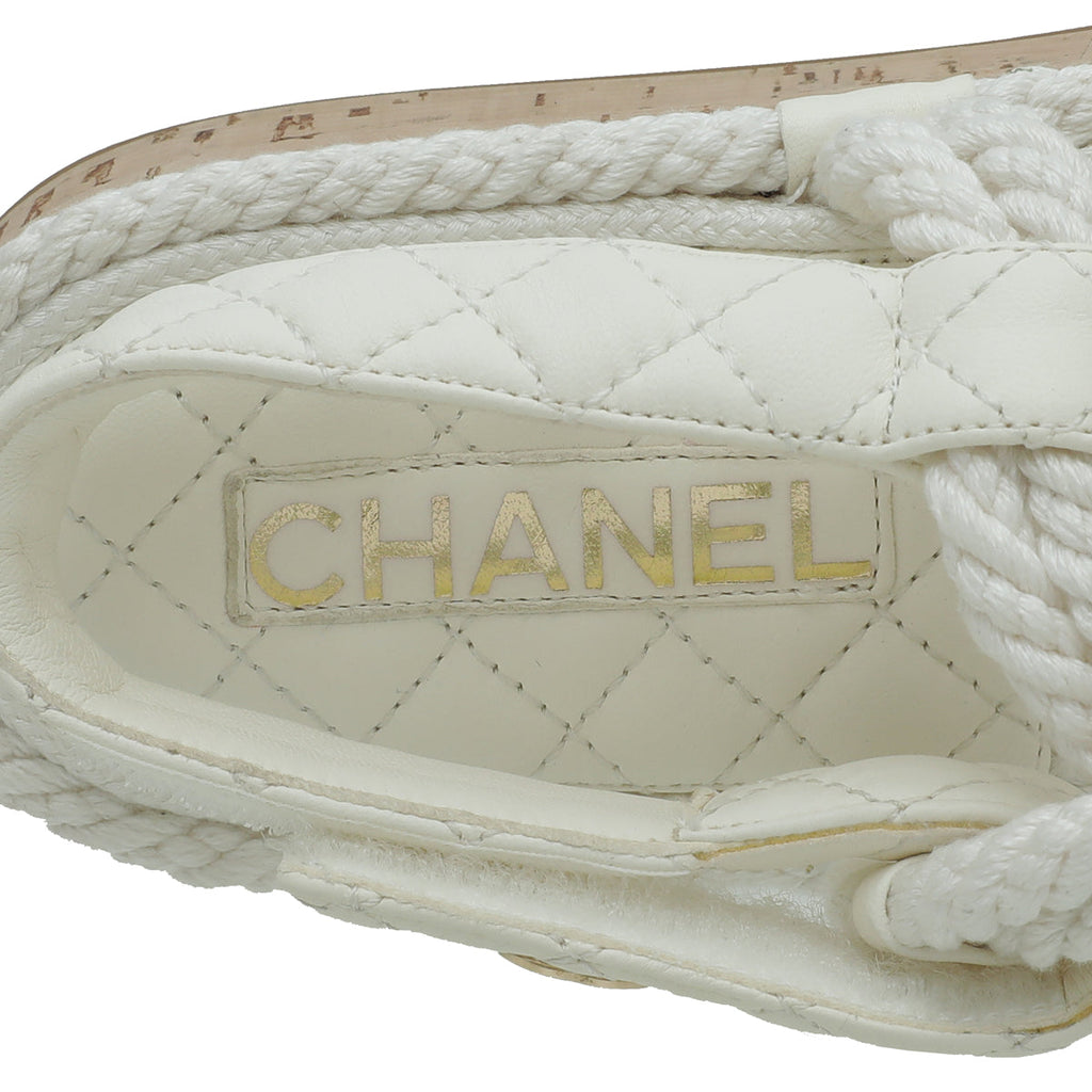 Chanel White Logo Cord Quilted Slide Sandal 39