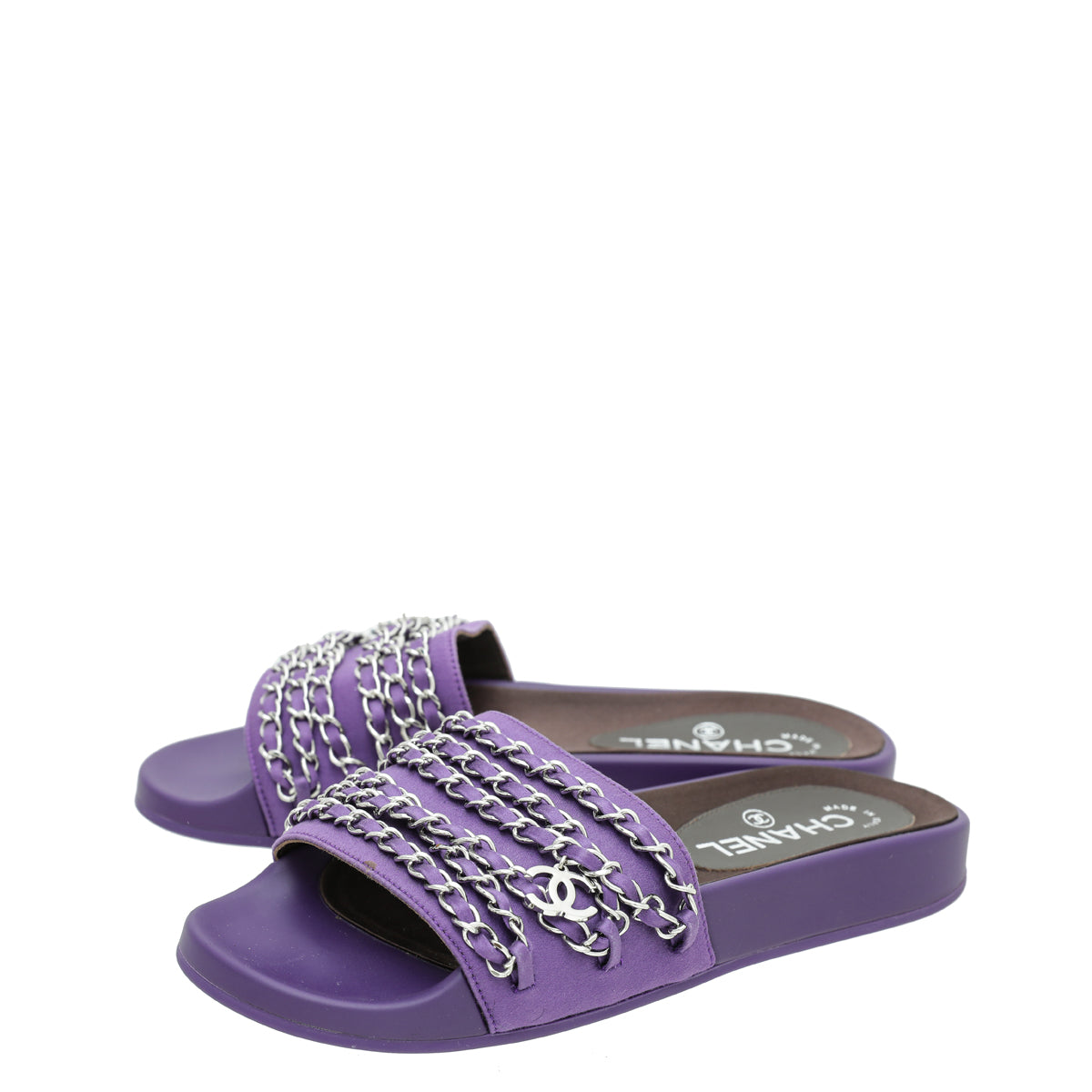 Chanel Violet Satin CC Charm Chain Slide Sandal 37