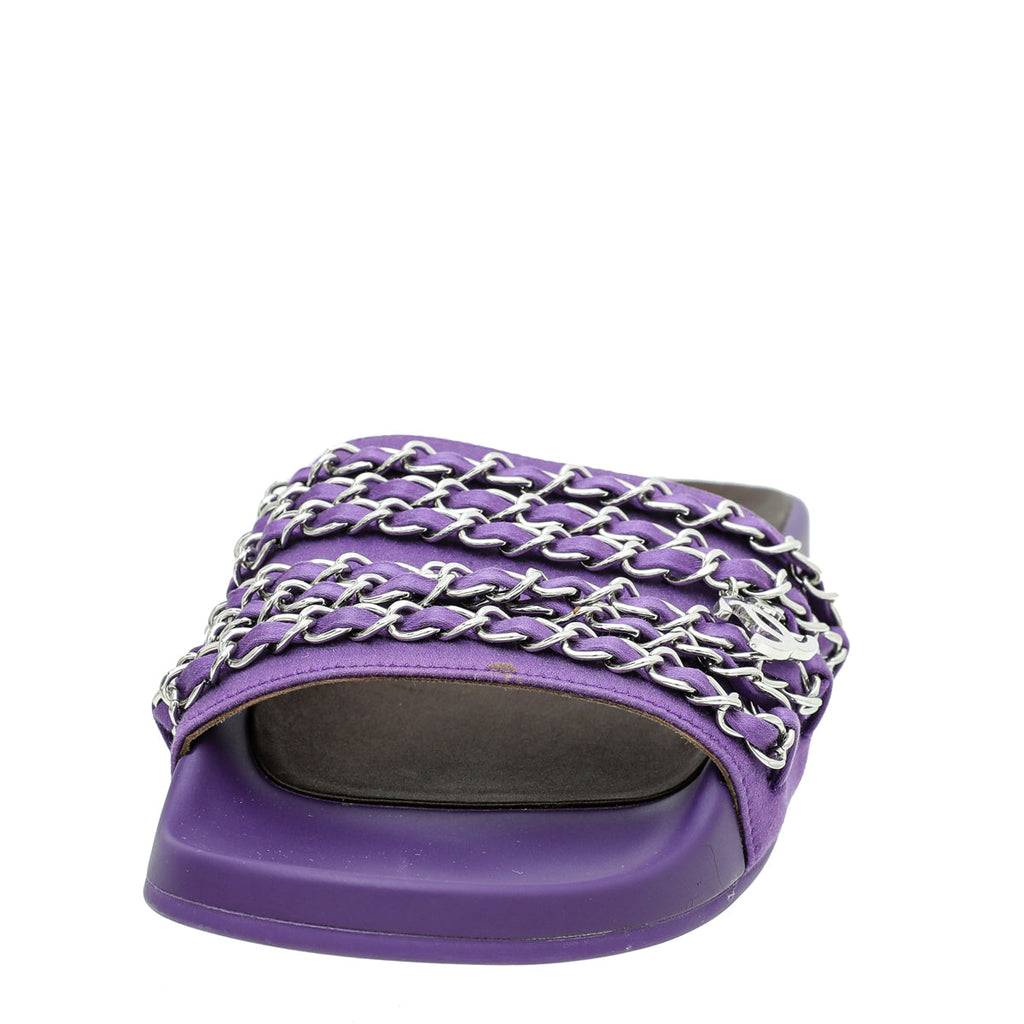 Chanel Violet Satin CC Charm Chain Slide Sandal 37