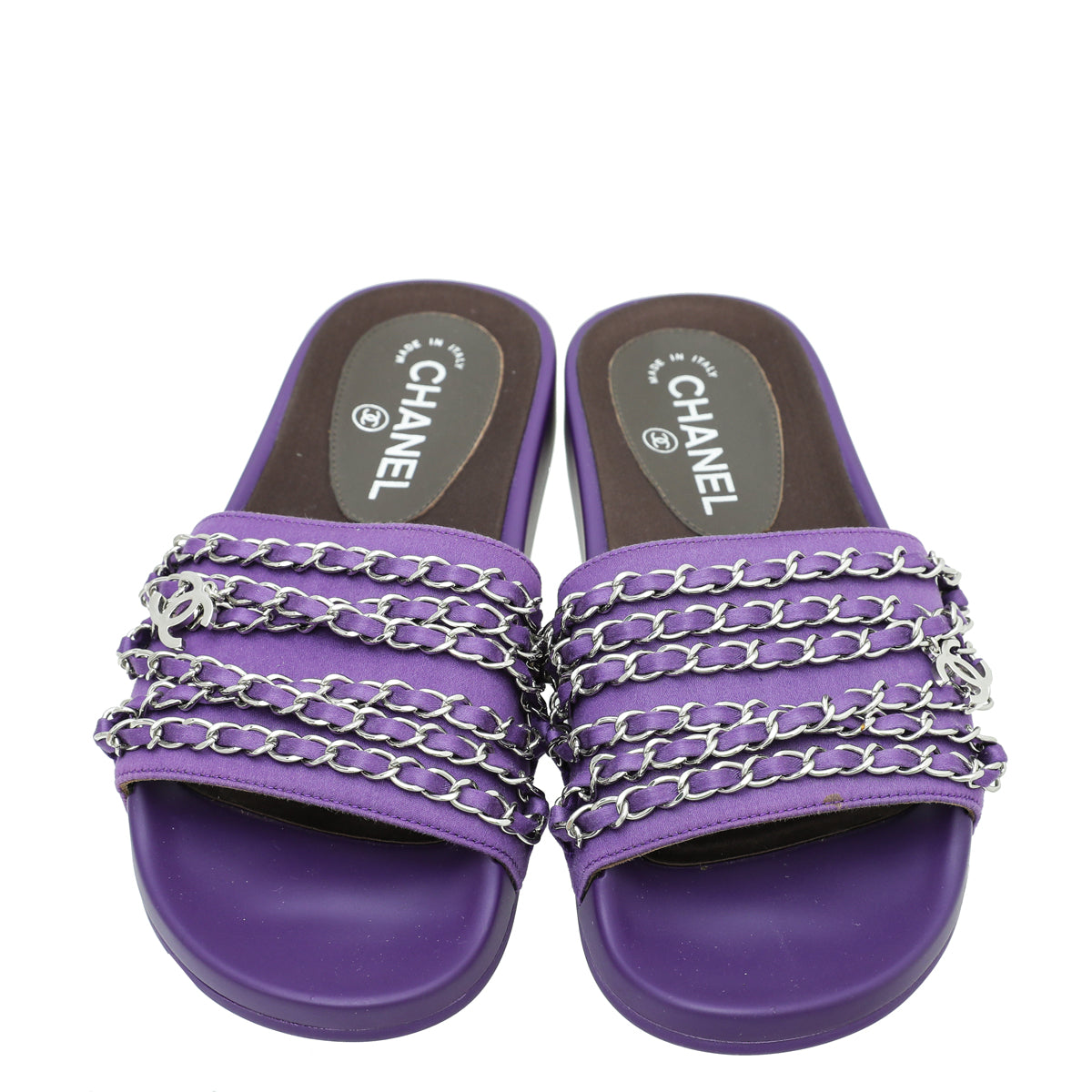 Chanel Violet Satin CC Charm Chain Slide Sandal 37
