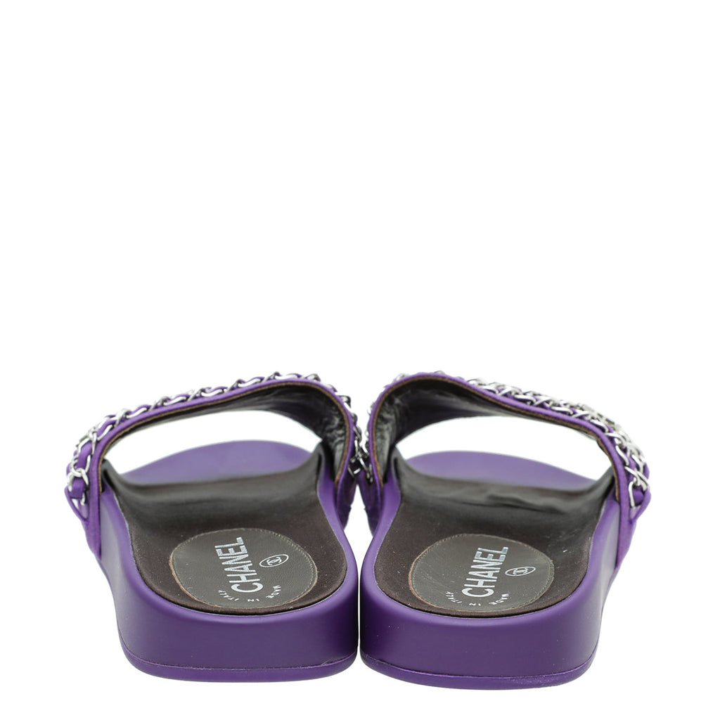 Chanel Violet Satin CC Charm Chain Slide Sandal 37