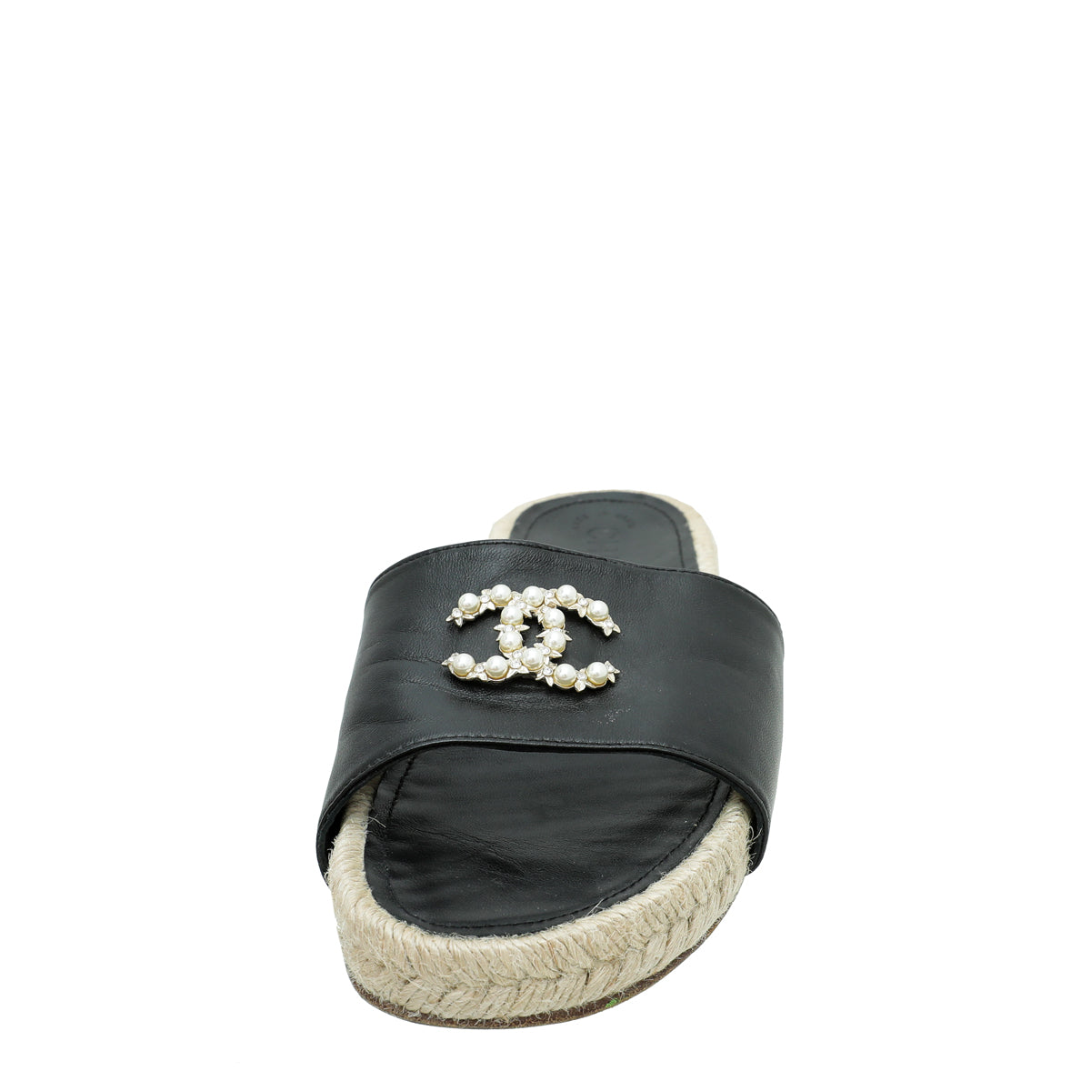 Chanel Black CC Pearl Studs  Espadrille Slip On Sandals 37.5