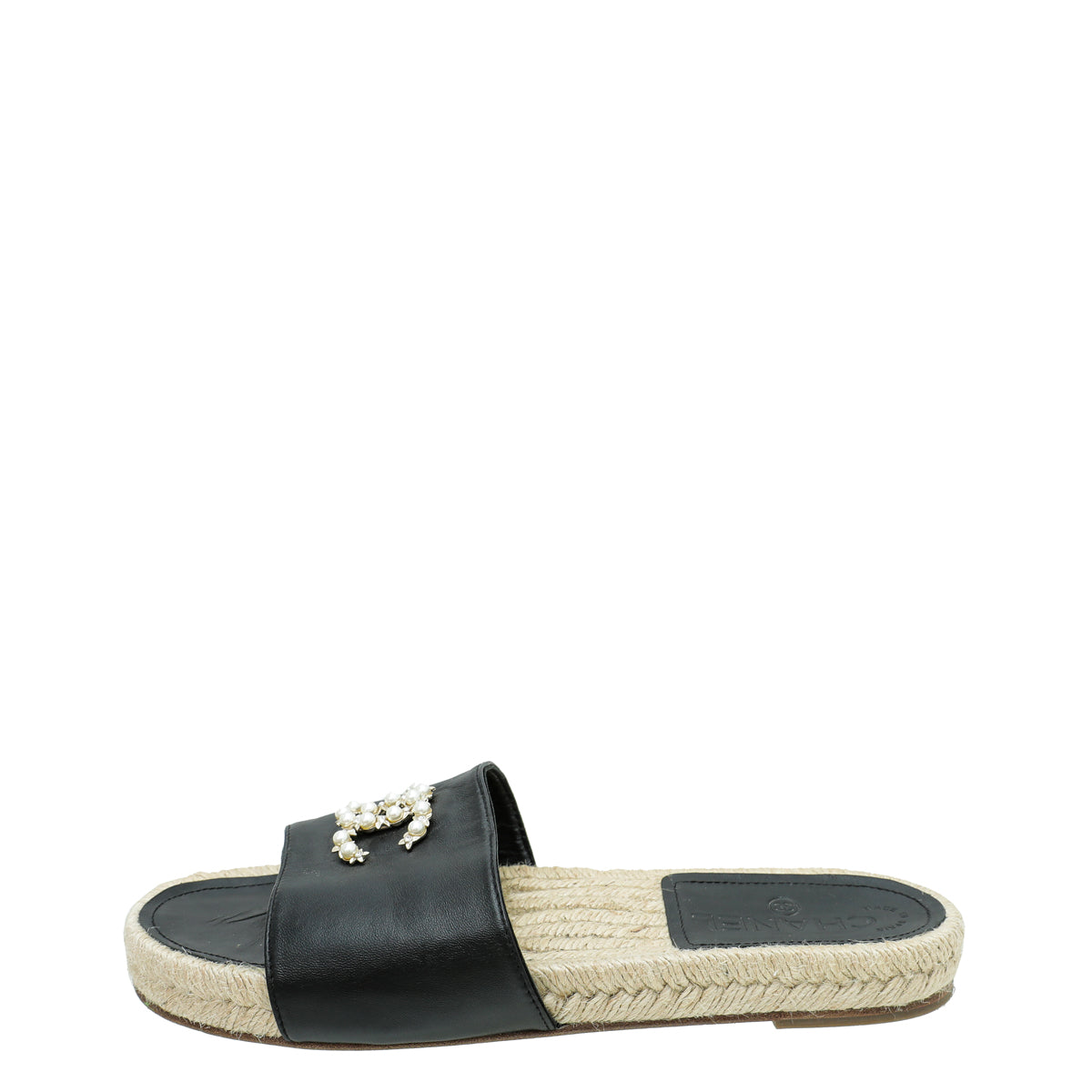 Chanel Black CC Pearl Studs  Espadrille Slip On Sandals 37.5