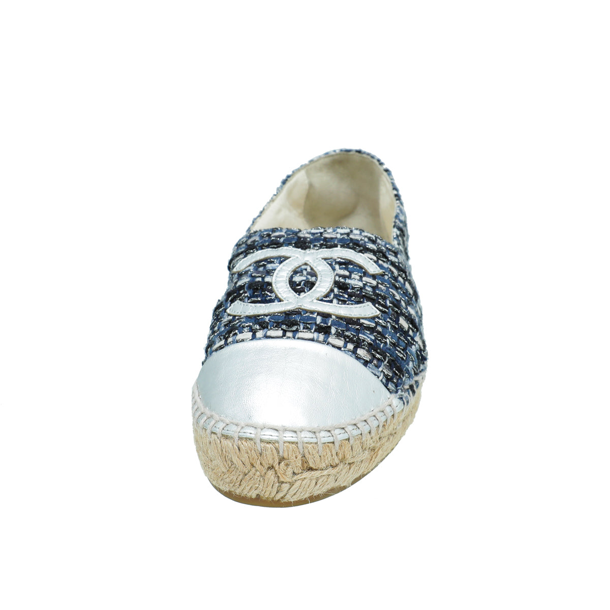 Chanel Silver Blue CC Cap Toe Tweed Espadrille 40