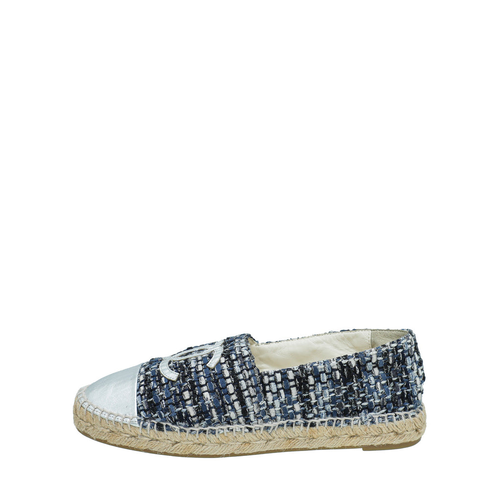 Chanel Silver Blue CC Cap Toe Tweed Espadrille 40