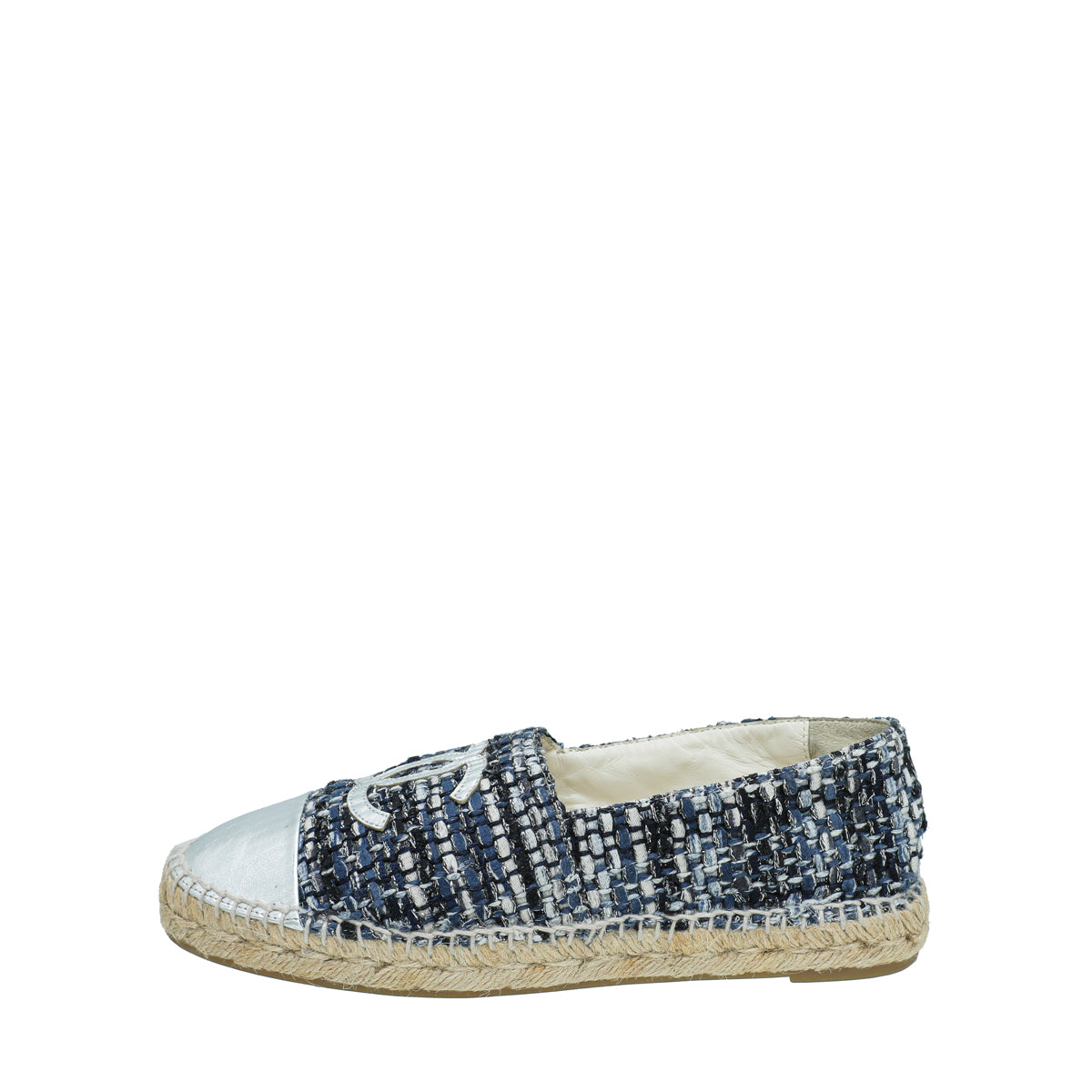 Chanel Silver Blue CC Cap Toe Tweed Espadrille 40