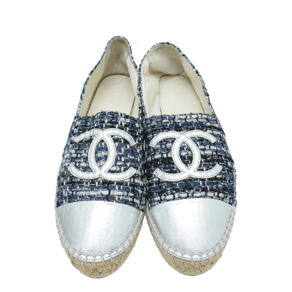 Chanel Silver Blue CC Cap Toe Tweed Espadrille 40