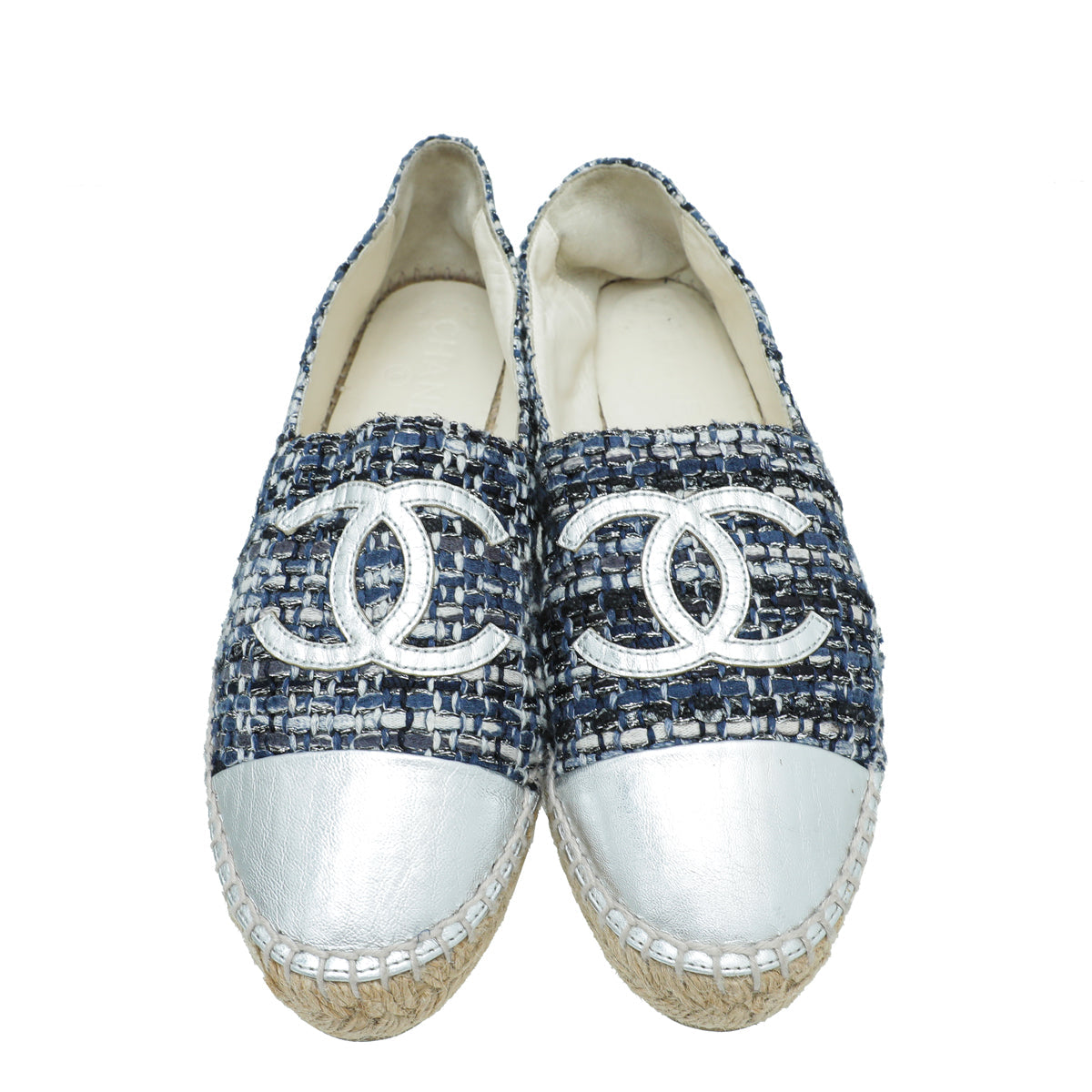 Chanel Silver Blue CC Cap Toe Tweed Espadrille 40