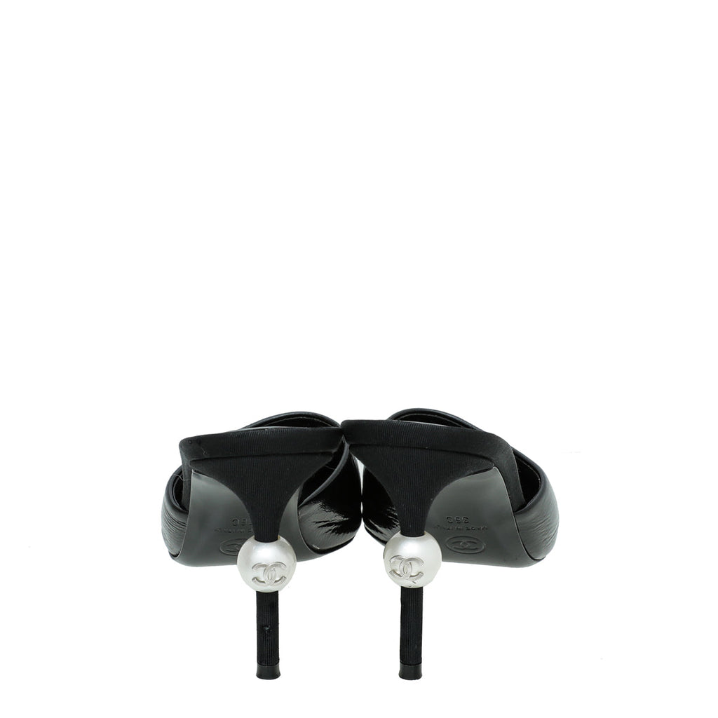 Chanel Black CC Grosgrain Cap Toe Pearl Mule 36