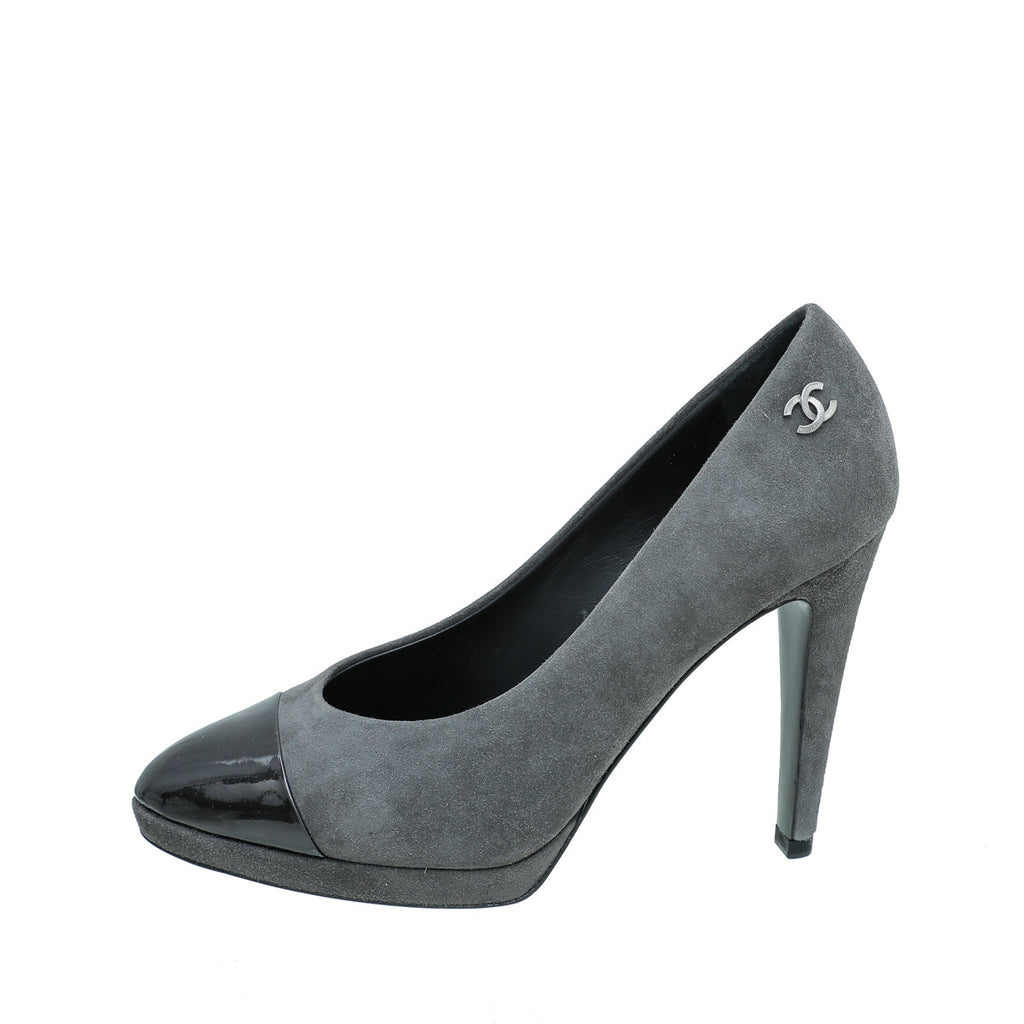 Chanel Gray Suede CC Cap Toe Pump 36.5